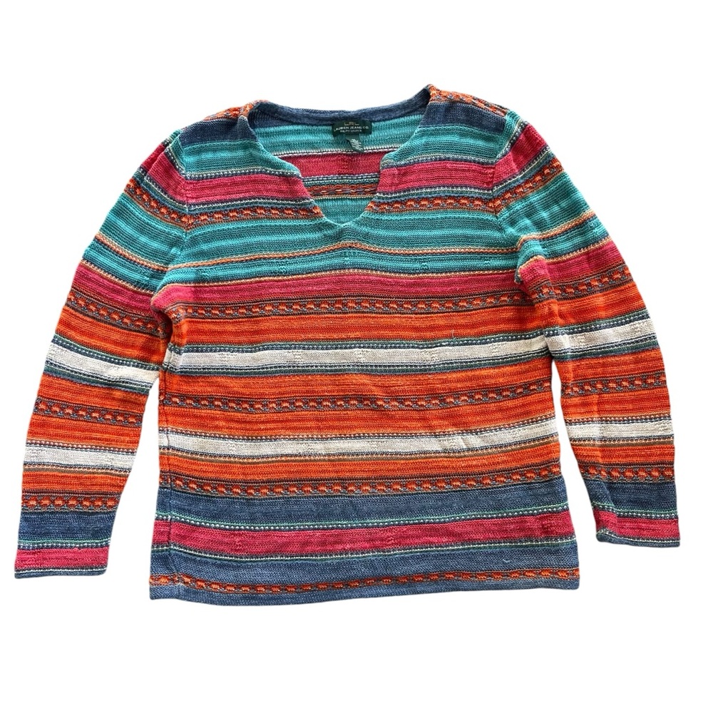 LRL Lauren Jeans Co Womens Medium Pink Orange Stripe LS Linen Blend Knit Sweater